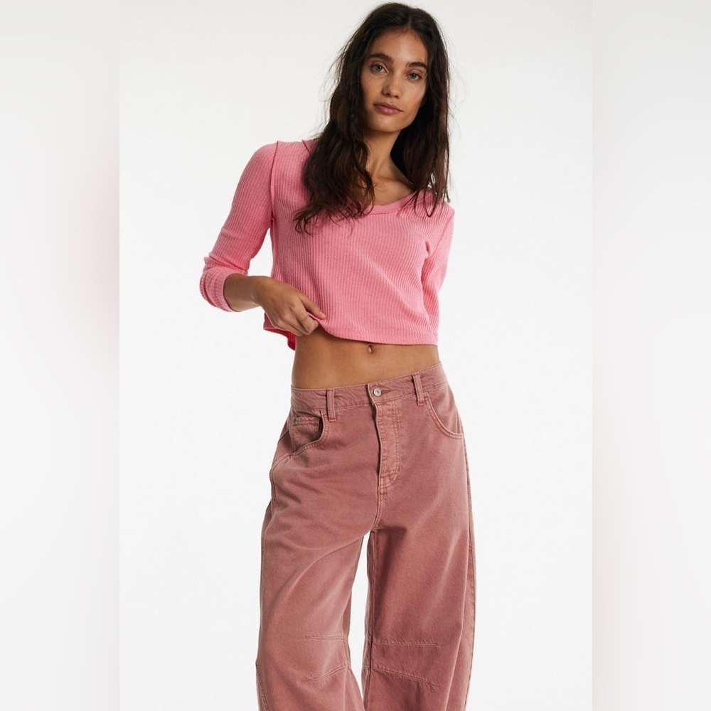 Free People Care FP Manchester Long Sleeve NWT XL pink confetti v neck